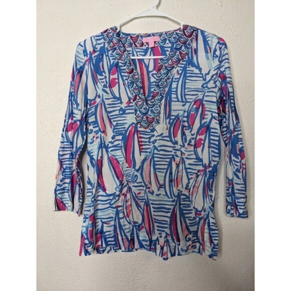 Lilly Pulitzer Amelia Island Tunic Summer Boats Nautical‎ XS 100% Cotton Resort